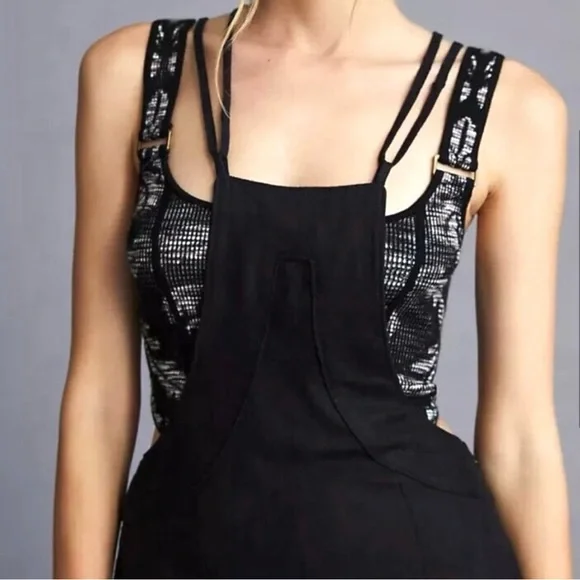 Anthropologie Midi Black Strappy Modern Pinafore Cotton Blend Apron Dress Size 8 - Picture 2 of 15